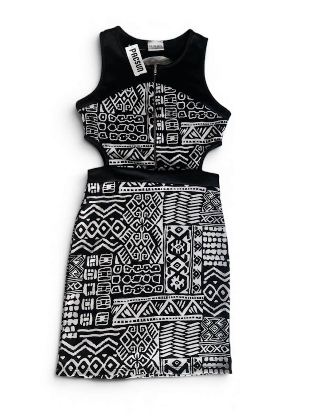 La Hearts Geo Print Cutout Zip Mini Bodycon Dress MEDIUM Black White